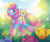 Size: 2238x1869 | Tagged: safe, artist:skysorbett, oc, oc only, oc:cozy sweet, earth pony, pony, bush, coat markings, female, flower, grass, mare, nature, outdoors, sky, smiling, solo, toy, tulip