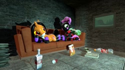 Size: 1280x720 | Tagged: safe, artist:dragonboi471, oc, oc only, oc:bedlam, oc:pinkie tai, pony, 3d, alcohol, chips, clothes, couch, duo, food, gmod, mountain dew, pizza box, socks, striped socks, vodka
