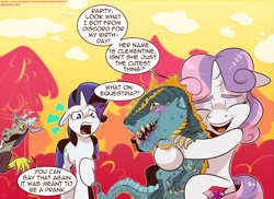 Size: 2062x1500 | Tagged: safe, artist:saturdaymorningproj, discord, rarity, sweetie belle, g4, abstract background, birthday, happy, shocked, shocked expression, smiling, speech bubble