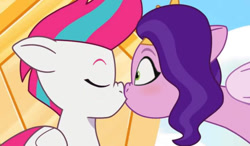 Size: 720x421 | Tagged: safe, edit, edited screencap, screencap, pipp petals, zipp storm, pegasus, pony, g5, my little pony: tell your tale, sisters take flight, blushing, duo, duo female, female, incest, kiss on the lips, kissing, lesbian, royal sisters (g5), ship:petalstorm, shipping, siblings, sisters, surprise kiss, surprised, wide eyes