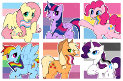 Size: 3000x1990 | Tagged: safe, artist:chalk_note, applejack, fluttershy, pinkie pie, rainbow dash, rarity, twilight sparkle, alicorn, earth pony, pegasus, pony, unicorn, g4, applejack's hat, asexual, asexual pride flag, bilight sparkle, bisexual pride flag, cowboy hat, female, gay pride flag, grin, hat, horn, lesbian pride flag, mane six, mare, open mouth, pansexual, pansexual pride flag, pride, pride flag, pride month, smiling, trans female, trans fluttershy, transgender, transgender pride flag, twilight sparkle (alicorn)