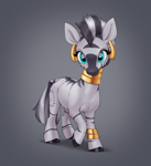 Size: 2044x2241 | Tagged: safe, artist:aquaticvibes, zecora, pony, zebra, g4, ear piercing, earring, female, gradient background, gray background, jewelry, mare, piercing, raised hoof, simple background, solo, whiskers