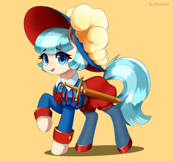 Size: 2196x2048 | Tagged: safe, artist:vinilyart, coco pommel, earth pony, pony, g4, clothes, eyebrows, female, hat, mare, open mouth, open smile, raised hoof, shirt with a collar, simple background, smiling, solo, sword, weapon