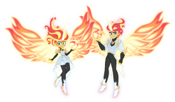 Size: 4000x2329 | Tagged: safe, artist:orin331, sunset shimmer, human, equestria girls, g4, daydream shimmer, duo, equestria guys, female, fiery wings, floating, horn, looking at you, magic, male, raised hand, redesign, rule 63, self paradox, simple background, smiling, sunset glare, transparent background, wings