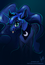 Size: 1640x2360 | Tagged: safe, artist:stirren, princess luna, alicorn, pony, g4, :p, bust, ears back, female, long mane, looking at you, mare, portrait, simple background, tongue out, wings