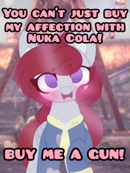Size: 4096x5460 | Tagged: safe, artist:sodapop sprays, oc, oc only, pegasus, pony, fallout equestria, caption, chest fluff, clothes, ear fluff, fallout, jumpsuit, looking at you, meme, solo, text, vault suit