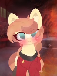 Size: 4096x5461 | Tagged: safe, artist:sodapop sprays, oc, oc only, oc:mair mair, oc:mair mair horsely, pony, caption, chest fluff, clothes, danger, ear fluff, explosion, female, fire, imminent death, imminent everything, looking at you, meme, mother, smoke, solo, star trek, star trek (tos), text, uniform