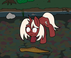Size: 1212x984 | Tagged: safe, artist:scraggleman, oc, oc only, oc:humor, leech, pony, unicorn, background, drool, eyebrows, horn, river, rock, skinny, solo, thin, water
