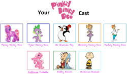 Size: 1772x1032 | Tagged: safe, artist:mrhonker24, edit, pinkie pie (g3), spike, twinkle twirl, bird, dragon, earth pony, human, penguin, pony, g3, g4, baby, baby dragon, bobby boom, cast meme, charlie brown, chilly willy, crossover, daddy dinky doo, daffinee toilette, female, george jetson, hanna barbera, jane jetson, linus van pelt, male, mare, mommy dinky doo, mr. guinea pig, nicholas biscuit, peanuts, pinky dinky doo, pinky dinky doo (character), simple background, the jetsons, the new woody woodpecker show, tyler dinky doo, white background, woody woodpecker (series)