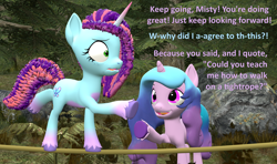 Size: 1826x1080 | Tagged: safe, artist:red4567, izzy moonbow, misty brightdawn, pony, unicorn, g5, 3d, atg 2024, balancing, duo, horn, newbie artist training grounds, source filmmaker, tightrope, unshorn fetlocks