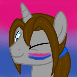Size: 3072x3072 | Tagged: safe, artist:twiny dust, oc, oc only, oc:dust, pony, unicorn, bisexual male, bisexual pride flag, bust, hairband, horn, looking at you, male, one eye closed, ponytail, pride, pride flag, smiling, stallion, unicorn oc, wink, winking at you