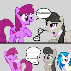 Size: 3307x3307 | Tagged: safe, artist:epicheavytf2, artist:pyrogaming, berry punch, berryshine, dj pon-3, octavia melody, vinyl scratch, earth pony, pony, unicorn, g4, 2 panel comic, background pony, comic, confused, conversation, dialogue, female, gray background, horn, implied lesbian, implied shipping, looking at you, mare, meme, open mouth, open smile, ponified, ponified meme, pride month, shipping, simple background, smiling, speech bubble, text, trio, trio female