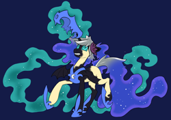 Size: 2122x1497 | Tagged: safe, artist:atcpony, nightmare moon, oc, oc:mercury shine, alicorn, pony, unicorn, g4, armor, character to character, ethereal mane, ethereal tail, fangs, female, helmet, hypno eyes, magic, mare, mercury shine having another bad time, mid-transformation, mind control, possession, simple background, transformation