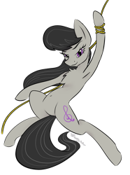 Size: 1276x1713 | Tagged: safe, artist:destiny_manticor, octavia melody, earth pony, pony, g4, belly button, chest fluff, closed mouth, grin, innie belly button, looking at you, raised hoof, request, rope, round belly, simple background, smiling, solo, spread hooves, swinging, transparent background