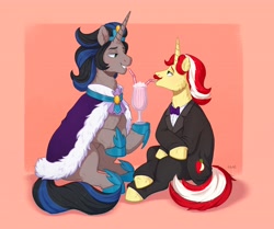 Size: 7410x6188 | Tagged: safe, artist:birdoffnorth, flam, king sombra, pony, unicorn, drink, drinking straw, gay, good king sombra, horn, looking at each other, looking at someone, male, milkshake, mirror universe, shipping, smiling, smiling at each other