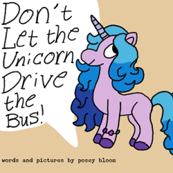 Size: 1000x1000 | Tagged: safe, artist:mintwhistle, izzy moonbow, pony, unicorn, g5, atg 2024, book cover, bracelet, colored hooves, cover, dialogue, don't let the pigeon drive the bus, female, friendship bracelet, horn, implied posey bloom, jewelry, looking up, mare, medibang paint, missing cutie mark, mo willems, newbie artist training grounds, orange background, parody, simple background, smiling, solo, speech bubble, style emulation