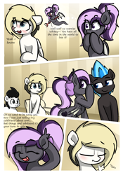 Size: 1400x2000 | Tagged: safe, artist:vipy, part of a set, oc, oc:nightwalker, oc:nimbus, oc:vipy, oc:whiteout, bat pony, earth pony, pegasus, pony, comic, looking at each other, looking at someone, part of a series, smiling, smirk, whispering