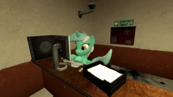 Size: 600x338 | Tagged: safe, artist:ports2005, lyra heartstrings, mouse, pony, unicorn, g4, 3d, animated, background pony, computer, female, gif, gmod, happy, horn, keyboard, mare, sitting