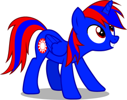 Size: 2218x1744 | Tagged: safe, artist:stephen-fisher, oc, oc only, oc:stephen (stephen-fisher), alicorn, pony, folded wings, grin, male, male alicorn, male alicorn oc, needs more saturation, red and blue, red eyes, simple background, smiling, solo, stallion, standing, transparent background, vector, wings