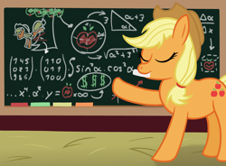 Size: 3400x2505 | Tagged: safe, artist:sweetielover, applejack, earth pony, pony, g4, apple, apple tree, applejack's hat, atg 2024, chalk, chalkboard, classroom, cowboy hat, eyes closed, fancy mathematics, female, food, formula, hat, high res, math, mouth hold, newbie artist training grounds, physics, school of friendship, solo, tree
