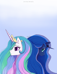 Size: 1280x1661 | Tagged: safe, artist:nnaly, princess celestia, princess luna, alicorn, pony, g4, blue background, bust, duo, duo female, ethereal mane, female, gradient background, mare, portrait, royal sisters, siblings, sisters, starry mane, younger