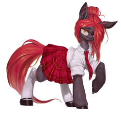 Size: 3096x2976 | Tagged: safe, artist:derekireba, oc, oc only, oc:jessi-ka, earth pony, pony, clothes, dress, female, looking at you, mare, necktie, orange eyes, red hair, school uniform, shirt, shoes, skirt, smiling, smiling at you, socks, solo, uniform