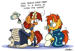 Size: 2382x1616 | Tagged: safe, artist:bobthedalek, stellar flare, sunburst, pony, unicorn, g4, atg 2024, coffee, coffee cup, cup, desk, duo, duo male and female, female, horn, magic, male, mare, messy mane, mother and child, mother and son, newbie artist training grounds, plans, quill, stallion, telekinesis, that pony sure does love plans