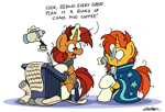 Size: 2382x1616 | Tagged: safe, artist:bobthedalek, stellar flare, sunburst, pony, unicorn, g4, atg 2024, coffee, coffee cup, cup, desk, duo, duo male and female, female, horn, magic, male, mare, messy mane, mother and child, mother and son, newbie artist training grounds, plans, quill, simple background, stallion, telekinesis, that pony sure does love plans, truth, white background