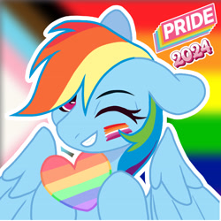 Size: 3464x3464 | Tagged: safe, artist:g0thicxc, rainbow dash, pegasus, g4, 2024, one eye closed, pride, pride flag, pride heart, pride month, smiling, solo, wink