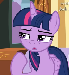 Size: 544x592 | Tagged: safe, screencap, twilight sparkle, alicorn, pony, cakes for the memories, g4, my little pony: friendship is forever, confused, credits, cropped, lidded eyes, solo, twilight sparkle (alicorn)