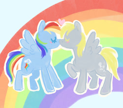 Size: 1700x1500 | Tagged: safe, artist:abbytabbys, derpy hooves, rainbow dash, pegasus, pony, g4, blonde mane, blonde tail, blue coat, blue eyelashes, blushing, colored, colored eyelashes, doodle, duo, duo female, eyes closed, facing each other, female, flat colors, floating heart, gray coat, heart, kissing, lesbian, mare, multicolored hair, no mouth, outline, profile, rainbow, rainbow hair, rainbow tail, raised hoof, ship:derpydash, shipping, sky background, spread wings, tail, wings, yellow eyelashes