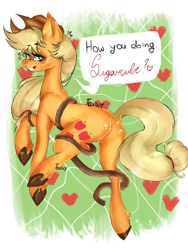 Size: 3000x4000 | Tagged: safe, artist:toxikil, applejack, earth pony, pony, g4, applebutt, butt, dock, ear piercing, earring, featureless crotch, freckles, frog (hoof), from behind, hat, jewelry, looking at you, looking back, piercing, presenting, presenting butt, rear view, rope, shiny mane, solo, tail, underhoof, wingding eyes