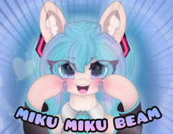 Size: 1975x1535 | Tagged: safe, artist:sodapop sprays, earth pony, pony, anime, blushing, clothes, ear fluff, eye clipping through hair, hatsune miku, looking at you, meme, miku miku beam, miku miku beam meme, pigtails, ponified, ponified meme, solo, twintails, vocaloid
