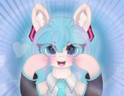 Size: 4096x3185 | Tagged: safe, artist:sodapop sprays, oc, earth pony, pony, blushing, clothes, ear fluff, eye clipping through hair, hatsune miku, looking at you, meme, miku miku beam, miku miku beam meme, pigtails, solo, twintails, vocaloid