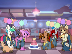 Size: 1856x1393 | Tagged: safe, artist:sodapop sprays, oc, oc:beige, oc:coppercore, oc:lilac, oc:municorn, oc:skyfire lumia, oc:sodapop sprays, oc:the silly, earth pony, hippogriff, kirin, pony, unicorn, fallout equestria, baguette, balloon, birthday, bread, cake, clothes, fallout, food, horn, jumpsuit, lying down, ponyloaf, prone, vault, vault shelter, vault suit