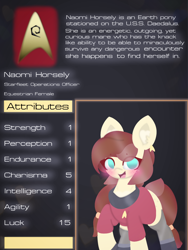 Size: 4096x5461 | Tagged: safe, artist:sodapop sprays, oc, oc only, oc:horsely, oc:naomi horsely, earth pony, pony, attributes, clothes, combadge, description, simple background, solo, star trek, star trek (tos), stats, stockings, text, thigh highs, uniform