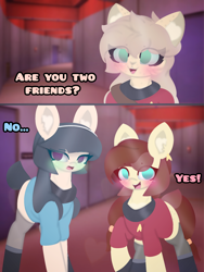 Size: 4096x5461 | Tagged: safe, artist:sodapop sprays, oc, oc only, oc:bayleaf, oc:horsely, oc:naomi horsely, oc:t'trot, oc:t'trot d'kyr, earth pony, pony, are you two friends meme, blushing, chest fluff, clothes, combadge, ear fluff, hallway, looking at you, meme, star trek, star trek (tos), text, uniform, vulcan
