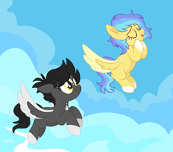 Size: 7964x6965 | Tagged: safe, artist:sapphiretwinkle, oc, oc only, oc:blue rays, oc:cinder soot, pegasus, pony, female, flying, mare