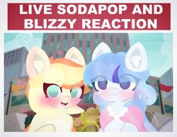 Size: 4096x3185 | Tagged: safe, artist:sodapop sprays, oc, oc only, oc:blizzard belle, oc:sodapop sprays, earth pony, pegasus, pony, blushing, chest fluff, clothes, duo, ear fluff, freckles, live reaction, live reaction meme, live tucker reaction, looking at you, manehattan, meme, shaking, sweat, sweatdrop