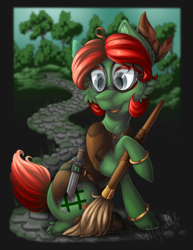 Size: 1200x1553 | Tagged: safe, artist:mychelle, oc, earth pony, pony, broom, female, glasses, knife, mare, solo