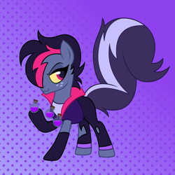 Size: 2003x2003 | Tagged: safe, artist:badumsquish, derpibooru exclusive, star tracker, earth pony, pony, skunk, abstract background, alternate hairstyle, antagonist, bandolier, clothes, colored sclera, costume, crossdressing, crossplay, eyelashes, eyeshadow, freckles, frown, hoof hold, indigo park, looking back, makeup, male, pants, pose, potion, raised tail, red eyes, ripped pants, salem the skunk, shirt, show accurate, skunk stripe, smiling, smirk, socks, solo, stallion, starcrossed, tail, torn clothes, video game reference, yellow sclera