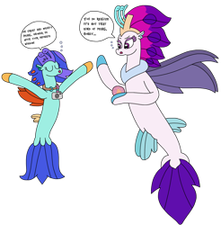 Size: 2405x2448 | Tagged: safe, artist:supahdonarudo, queen novo, oc, oc:sea lilly, seapony (g4), atg 2024, bubble, camera, dialogue, holding, jewelry, necklace, newbie artist training grounds, pearl, queen novo's orb, simple background, speech bubble, talking, text, transparent background
