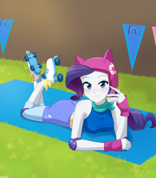 Size: 1050x1200 | Tagged: safe, artist:riouku, rarity, equestria girls, g4, my little pony equestria girls: friendship games, alternate hairstyle, bandana, belt, blushing, boots, clothes, commission, cute, elbow pads, eyeshadow, fingerless gloves, gloves, grass, helmet, knee pads, lying down, makeup, mat, prone, raribetes, roller derby, roller skates, shoes, shorts, skates, solo, tank top