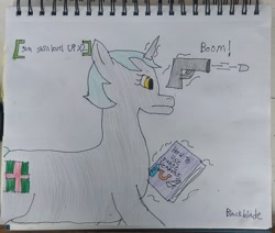 Size: 2968x2516 | Tagged: safe, artist:blackblade360, oc, oc only, oc:heartbeat, pony, unicorn, fallout equestria, atg 2024, book, bullet, colored pencil drawing, cyan mane, cyan tail, fallout, fallout 4, female, glowing, glowing horn, gray coat, guide, gun, horn, implied applejack, implied rainbow dash, implied rarity, irl, level up, looking at something, magic, mare, mare oc, newbie artist training grounds, paper, photo, shooting, signature, telekinesis, traditional art, unicorn oc, weapon, yellow eyes