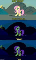Size: 500x839 | Tagged: safe, artist:flutterbob, derpibooru exclusive, fluttershy, pegasus, pony, g4, day, dialogue, female, hall monitor, implied twilight sparkle, night, reference, spongebob reference, spongebob squarepants