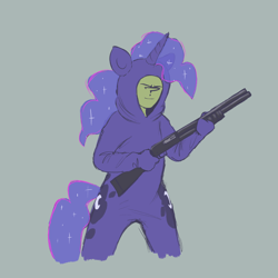 Size: 3000x3000 | Tagged: safe, artist:t72b, princess luna, oc, oc:anon, human, g4, clothes, gun, meme, onesie, shotgun, simple background, solo, suit, todd howard, weapon