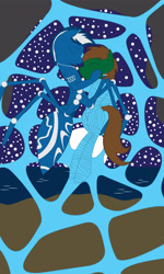 Size: 1981x3300 | Tagged: safe, artist:billy2345, oc, oc only, oc:sea caster, unnamed oc, drider, earth pony, original species, pony, bio in description, bondage, cave, cocoon, comforting, earth pony oc, female, hoof on cheek, jewelry, male, male and female, mare, moon, mummification, necklace, night, night sky, ocean, singing, sky, smiling, spider web, stallion, stars, story included, water, wrapped up