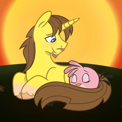 Size: 1920x1920 | Tagged: safe, artist:artflicker, artist:grapefruit-face, edit, oc, bird, cockatoo, pony, unicorn, angry birds, angry birds stella, base used, crossover, duo, duo male and female, female, galah, horn, hug, lidded eyes, looking at someone, lying down, male, resting, sleeping, stallion, stella (angry birds), sunset, tail, tail hug