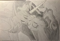 Size: 3724x2510 | Tagged: safe, artist:mlpfantealmintmoonrise, luster dawn, twilight sparkle, alicorn, unicorn, g4, atg 2024, cloud, duo, duo female, female, horn, irl, monochrome, newbie artist training grounds, next generation, pencil drawing, photo, picture, student, the magic of friendship grows, traditional art, twilight sparkle (alicorn)