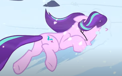 Size: 959x597 | Tagged: safe, screencap, starlight glimmer, pony, unicorn, g4, season 9, the ending of the end, butt, cropped, eyes closed, female, horn, mare, plot, snow, solo, unconscious